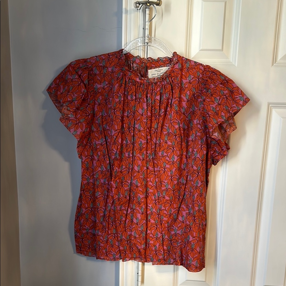 Trovata Pink and Red Flutter Sleeve Blouse with Mandarin Collar